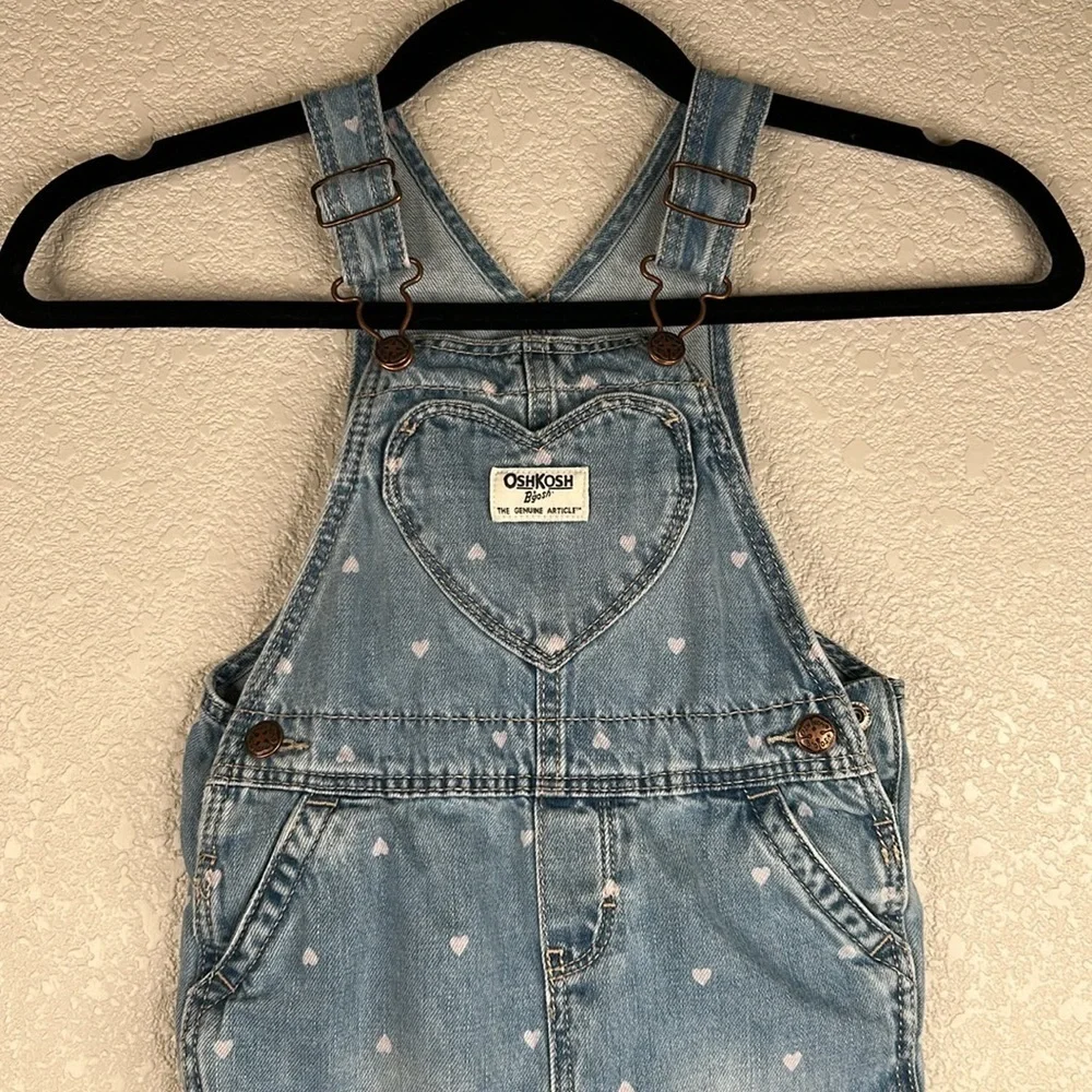 OshKosh B'gosh Girl's Denim Pink Heart Print Overall Jeans Size 24 months